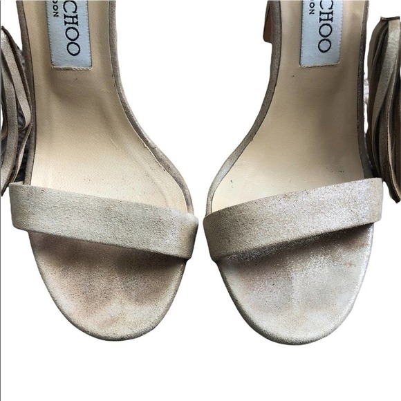 JIMMY CHOO Viola 110 Tan Suede Crystal Tassel High Heeled Sandals Size EU 37.5 - Picture 5 of 15